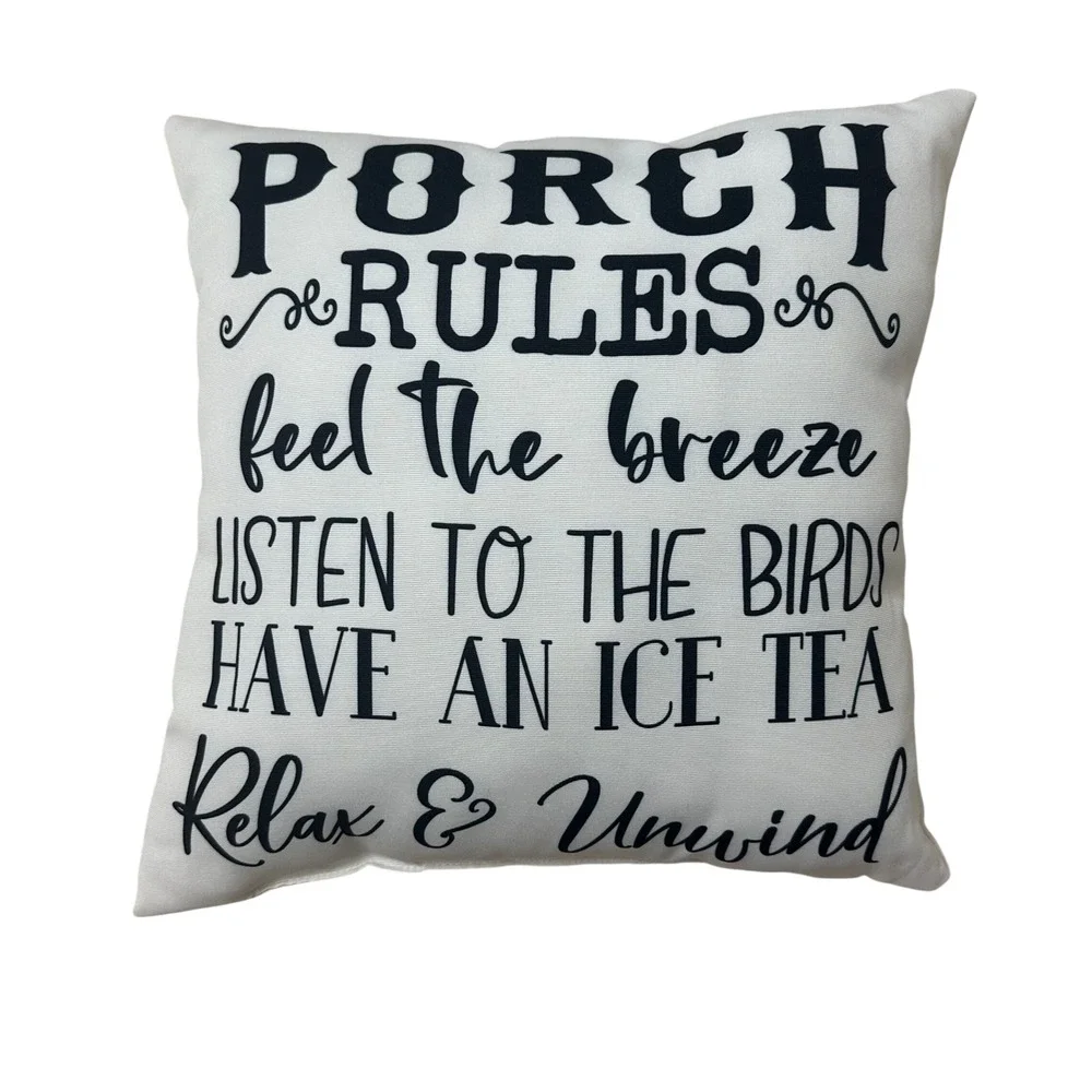 Porch Rules Outdoor Throw Pillow White Black Farmhouse Patio Accent 16x16
